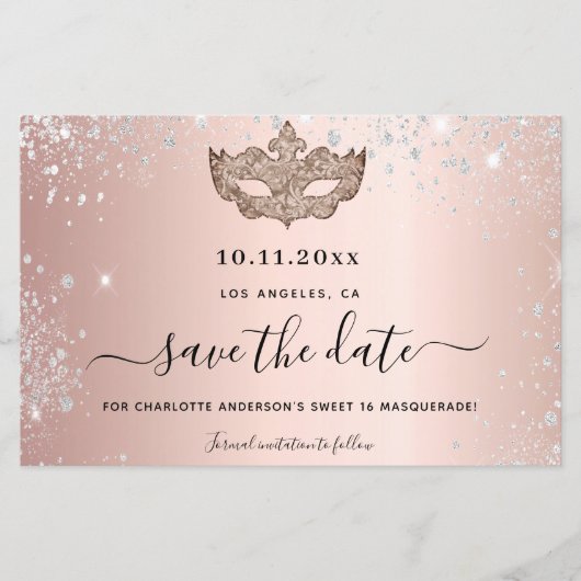 Budget Sweet 16 masquerade Rose Gold Save the Date (Vorderseite)
