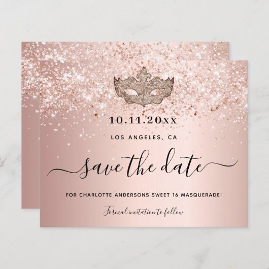 Budget Sweet 16 masquerade Rose Gold Save the Date (Vorne/Hinten)