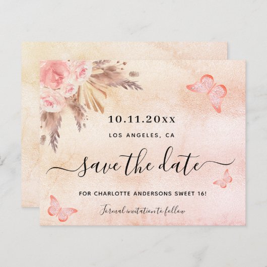 Budget Sweet 16 Pampas rot Save the Date (Vorne/Hinten)