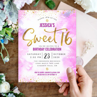 Budget Sweet 16 Pink Watercolor Gold Script Einlad