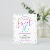 Budget Sweet 16 Rainbow Glitzer Confetti Einladung (Stehend Vorderseite)