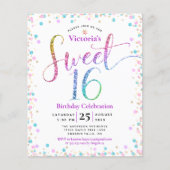 Budget Sweet 16 Rainbow Glitzer Confetti Einladung (Vorderseite)
