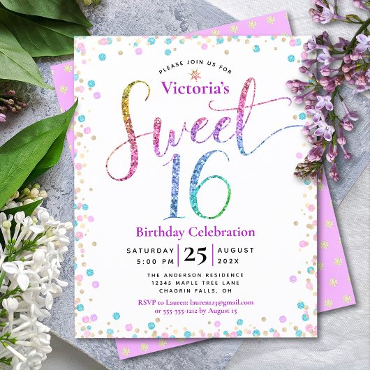 Budget Sweet 16 Rainbow Glitzer Confetti Einladung