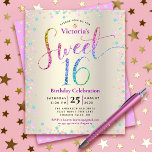 Budget Sweet 16 Rainbow Glitzer Gold Einladung<br><div class="desc">"Happy Sweet 16". Senden Sie diese atemberaubende, funkelnd, mädchenhafte, festliche, moderne, personalisierte, maßgeschneiderte Party Einladung für eine Veranstaltung, an die Sie sich erinnern können. Rainbow-Glitzer-Schriftzeichen sowie festlich türkisfarbene, lila Rosa- und Goldkonfetti überlagern einen Champagner-goldenen Hintergrund in Metallic. Ein goldenes Glitzer Punktmuster ist über dem Lavendel lila auf der Rückseite. Personalisieren...</div>