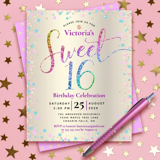 Budget Sweet 16 Rainbow Glitzer Gold Einladung