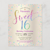 Budget Sweet 16 Rainbow Glitzer Gold Einladung (Vorderseite)