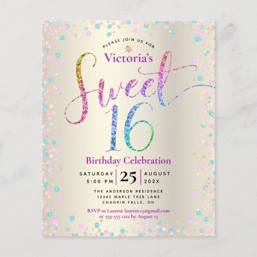 Budget Sweet 16 Rainbow Glitzer Gold Einladung (Vorderseite)