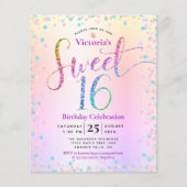 Budget Sweet 16 Rainbow Glitzer Ombre Einladung (Vorderseite)