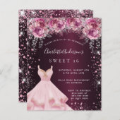 Budget Sweet 16 rosa Bordeaux Glitzer Kleid Blumen (Vorne/Hinten)