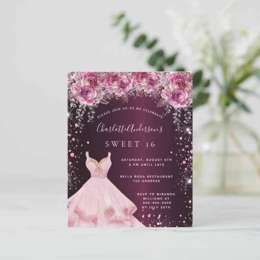 Budget Sweet 16 rosa Bordeaux Glitzer Kleid Blumen (Stehend Vorderseite)