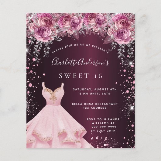 Budget Sweet 16 rosa Bordeaux Glitzer Kleid Blumen (Vorderseite)