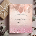 Budget Sweet 16 Rosa Rosa Rosengold Einladung<br><div class="desc">Eine Rose Gold und rot rosa Farbverlauf Hintergrund. Dekoriert mit Rose Gold,  rosa Imitat Glitzer Tropfen,  Farbe Tropfen Look und Ballons. Personalisieren und fügen Sie einen Namen und Party-Details hinzu. Der Name wird mit einem handgeschriebenen Stilskript geschrieben</div>