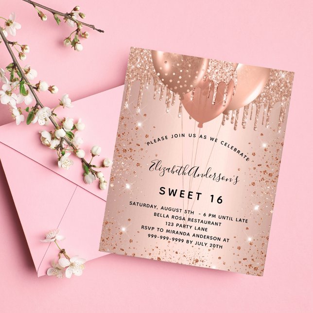 Budget Sweet 16 Rose Gold Glitzer Einladung (Von Creator hochgeladen)