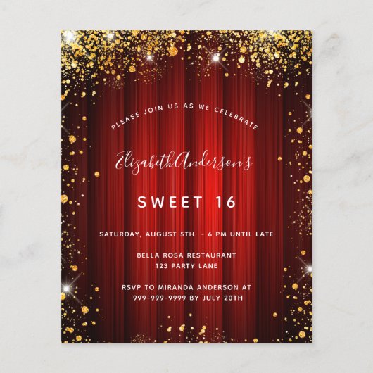 Budget Sweet 16 Rot Gold Einladung (Vorderseite)