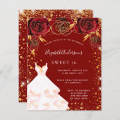 Budget Sweet 16 Rot-Gold-Kleid Einladung (Vorne/Hinten)