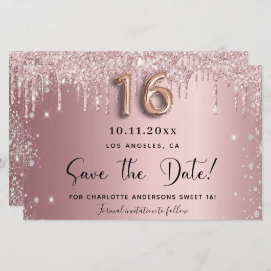 Budget Sweet 16 rot-rosa Glitzer Save the Date (Vorne/Hinten)