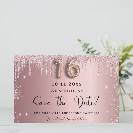 Budget Sweet 16 rot-rosa Glitzer Save the Date (Stehend Vorderseite)