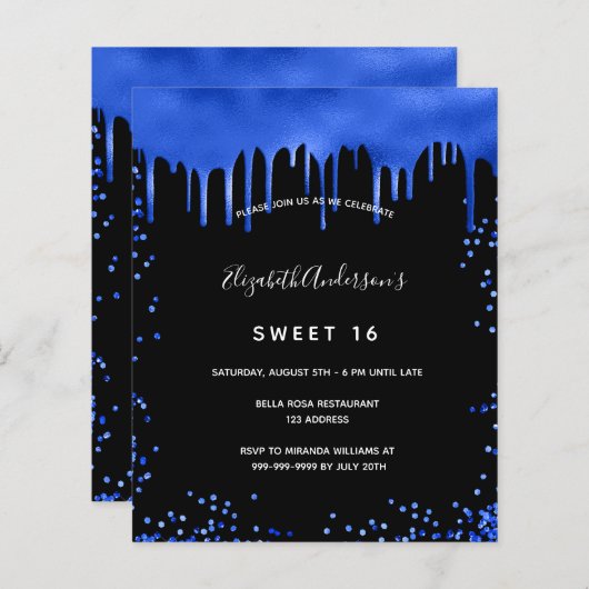 Budget Sweet 16 Schwarz königsblau Einladung (Vorne/Hinten)