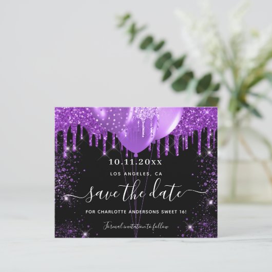 Budget Sweet 16 schwarz Save the Date lila (Stehend Vorderseite)