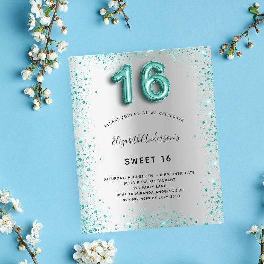 Budget Sweet 16 Silber aquamariner Glitzer Einladu