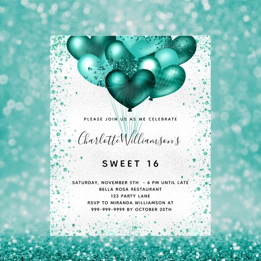 Budget Sweet 16 Silber aquamariner Glitzer Einladu