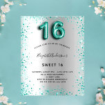 Budget Sweet 16 Silber aquamariner Glitzer Einladu<br><div class="desc">Eine moderne,  stilvolle und glamouröse Einladung für eine Girl's Sweet 16,  16. Geburtstagsparty. Ein silbernes Imitat mit aquamarinem Glitzer-Staub. Personalisieren Sie Ihren Namen und Ihre Party-Daten und fügen Sie diese hinzu. Nummer 16 wird mit einem Schriftart im Ballonstil geschrieben,  Skript.</div>