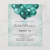 Budget Sweet 16 Silber aquamariner Glitzer Einladu (Vorderseite)