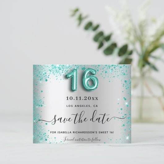 Budget Sweet 16 Silber aquamariner Glitzer Save th (Stehend Vorderseite)