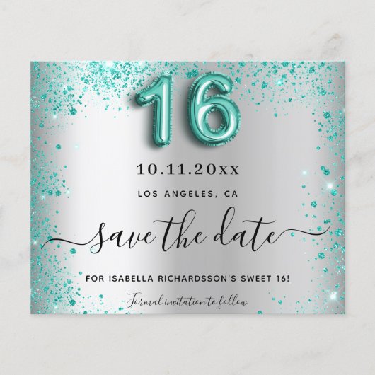 Budget Sweet 16 Silber aquamariner Glitzer Save th (Vorderseite)
