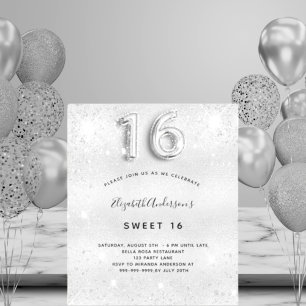 Budget Sweet 16 Silber Glitzer Einladung