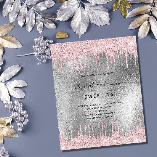 Budget Sweet 16 silber Glitzer Rosa Einladung
