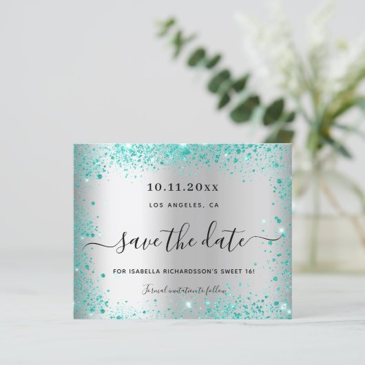 Budget Sweet 16 Silber Save the Date aquamarin (Stehend Vorderseite)