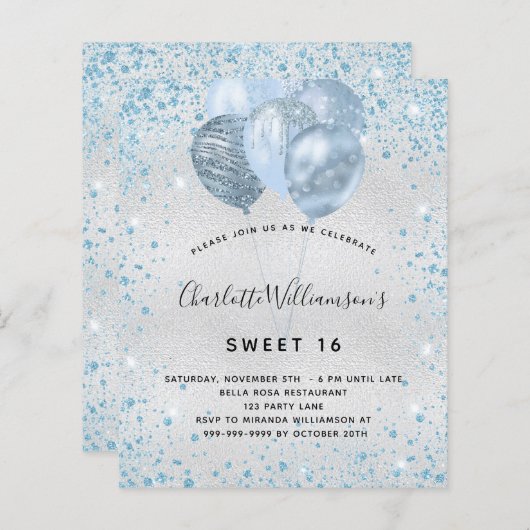 Budget Sweet 16 Silberblauer Glitzer Einladung (Vorne/Hinten)