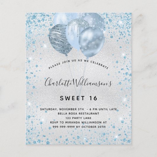 Budget Sweet 16 Silberblauer Glitzer Einladung (Vorderseite)