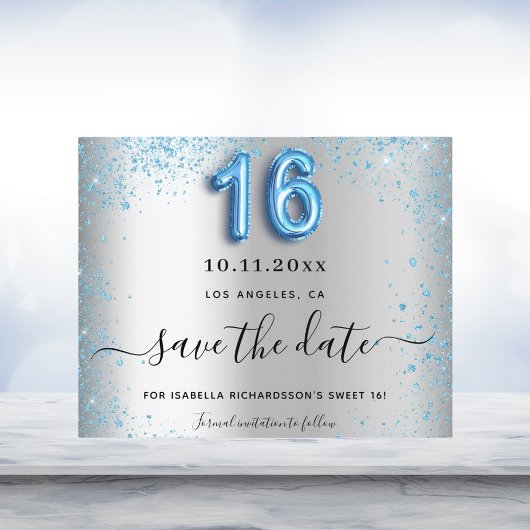 Budget Sweet 16 Silberblauer Glitzer Save the Date