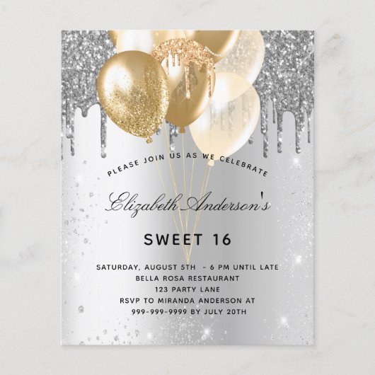 Budget Sweet 16 Silbergoldballons Einladung (Vorderseite)