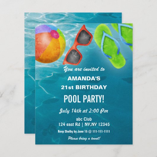 Budget Swimming Pool Party Birthday Invitation (Vorne/Hinten)