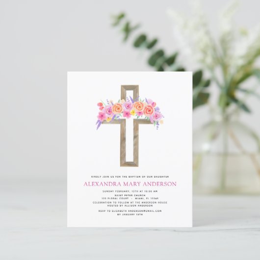 Budget Taufe Pastel Floral Rosa Rose Kreuz (Stehend Vorderseite)
