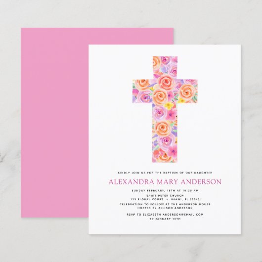 Budget Taufe Pastel Floral Rosa Rose Kreuz (Vorne/Hinten)