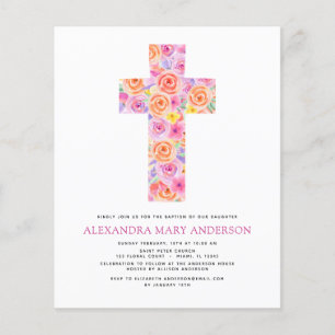 Budget Taufe Pastel Floral Rosa Rose Kreuz Flyer