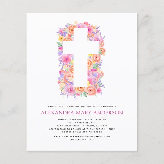 Budget Taufe Pastel Floral Rosa Rose Kreuz Flyer (Vorne)