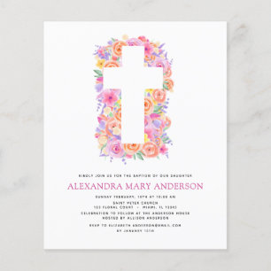 Budget Taufe Pastel Floral Rosa Rose Kreuz Flyer