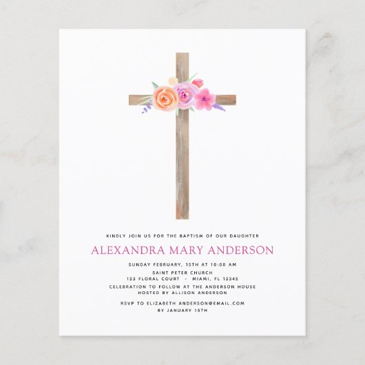 Budget Taufe Pastel Floral Rosa Rose Kreuz Flyer (Vorne)