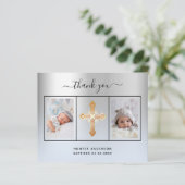 Budget Taufe silber blaues Foto danke Karte (Stehend Vorderseite)