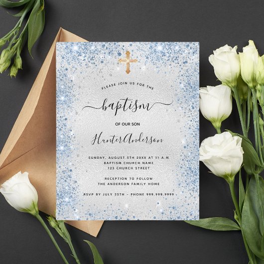 Budget Taufe Silber Glitzer Blue Junge Einladung