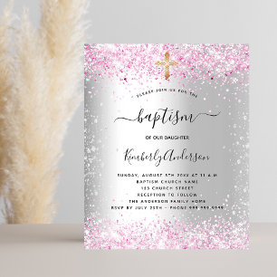 Budget Taufe silberrosa Glitzer Mädchen Einladung