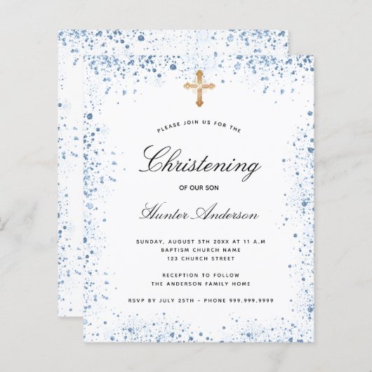 Budget Taufen Blue Blue Blue White Einladung (Vorne/Hinten)