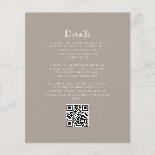 Budget Taupe Monogram Wappen QR Code Hochzeit (Rückseite)