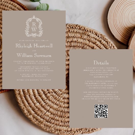 Budget Taupe Monogram Wappen QR Code Hochzeit