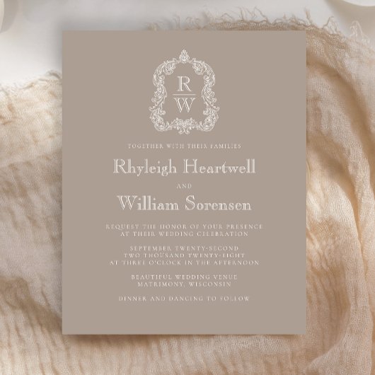 Budget Taupe Monogram Wappen Wedding Einladung